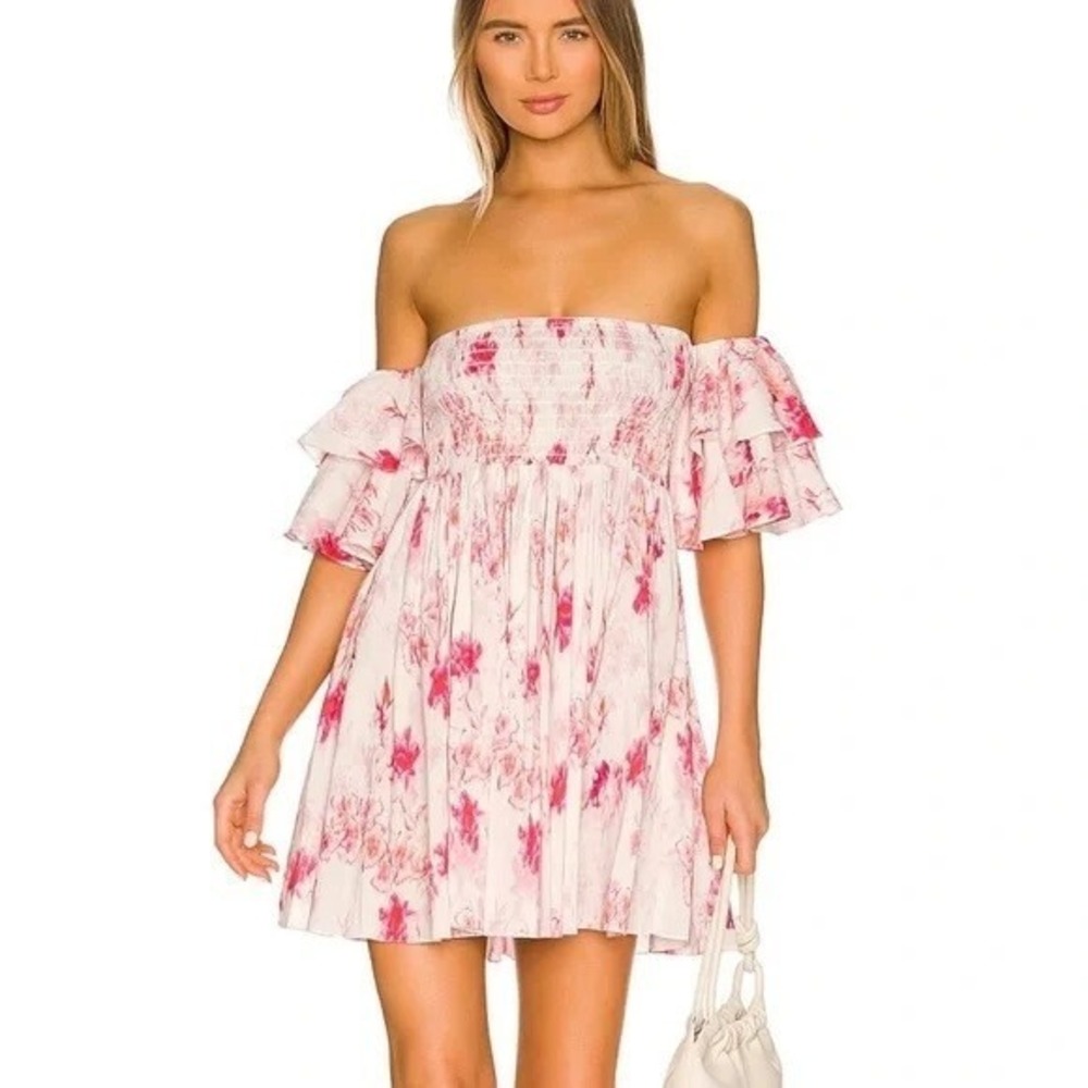 NWT MISA Dina Dress Abstract Rose Flora Size M Smocked Off‎ The Shoulder Ruffles